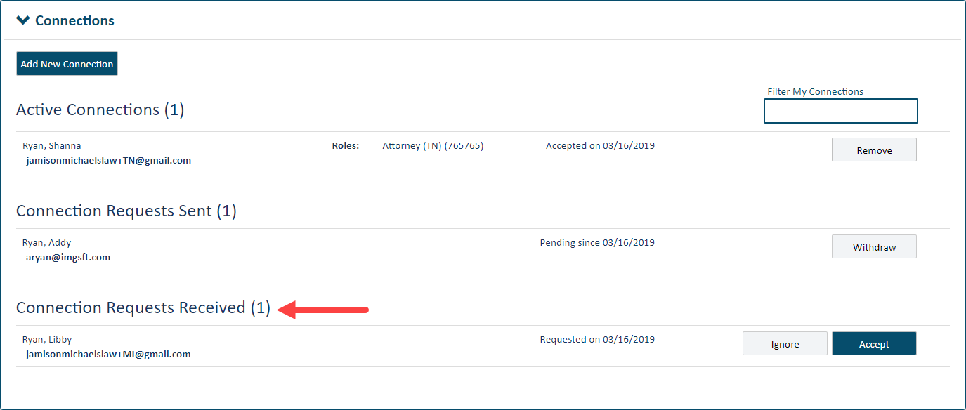 Connections pane - request receivedConnections pane - request received