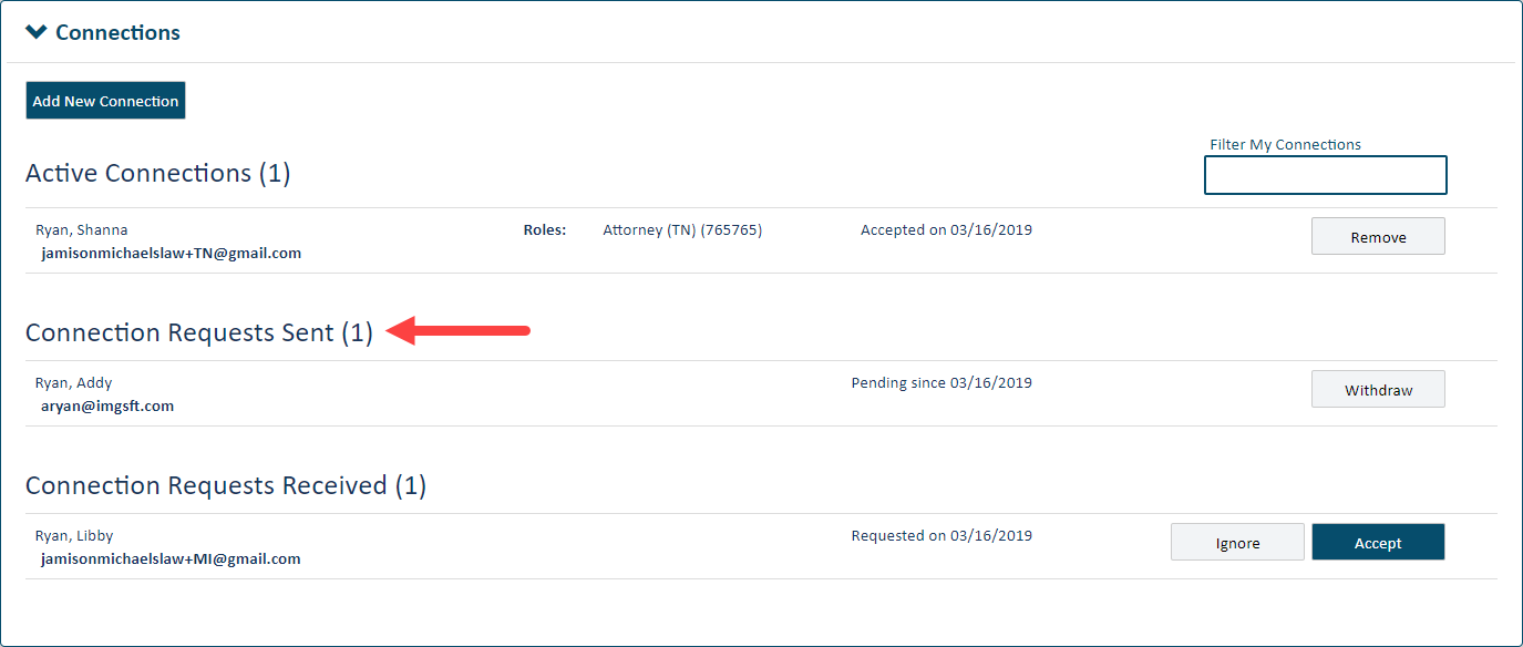 Connections pane - connection request sent listed