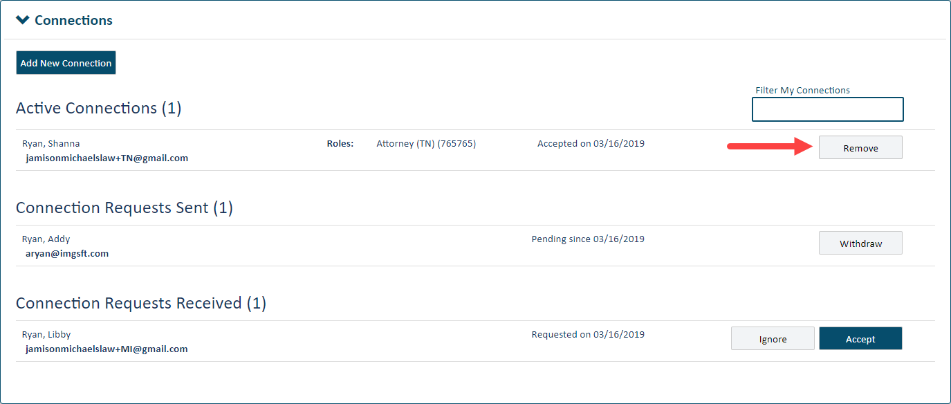 Connection pane - Remove button