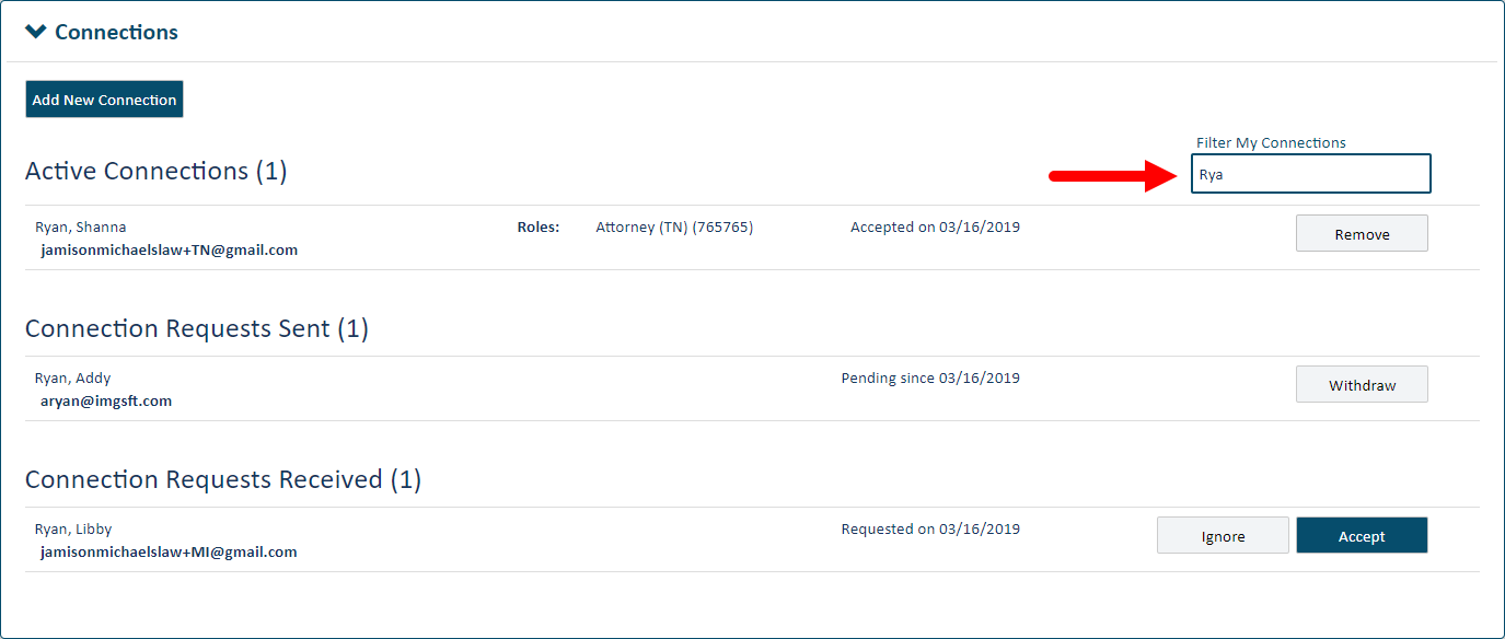 Connections pane - Filter field populated