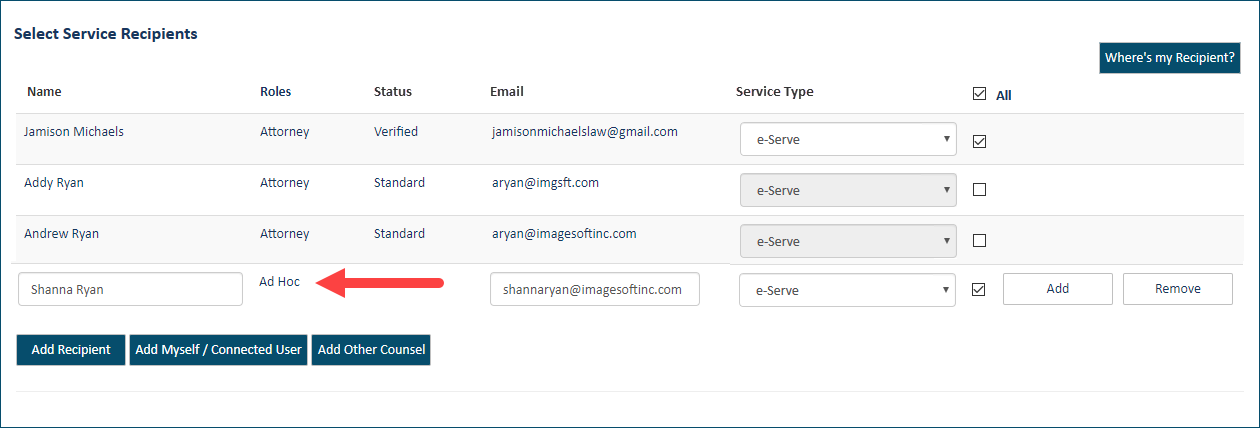 Service Recipients pane - ad hoc recipient