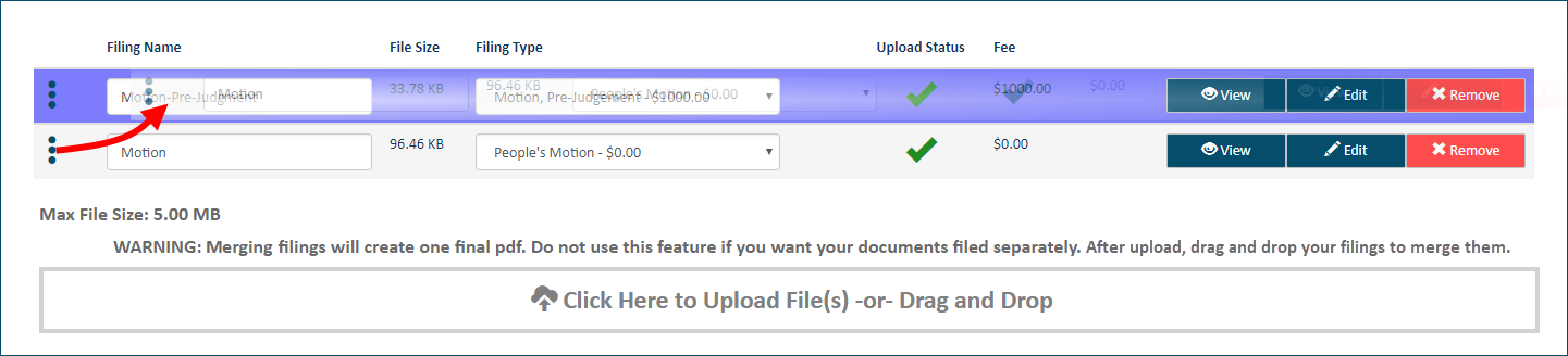 Upload pane -- drag document to primary