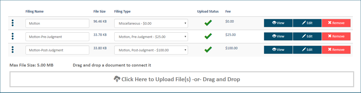 Upload pane - filing documents re-ordered