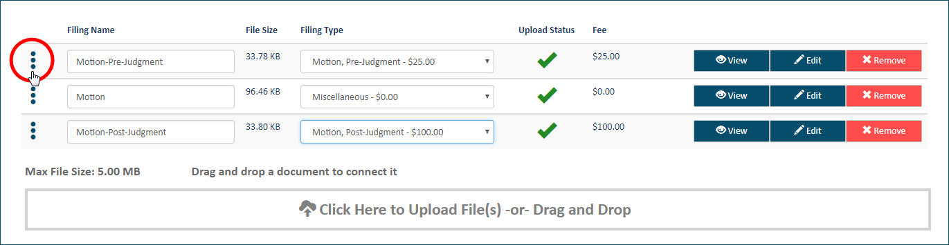 Upload pane - document handle selected