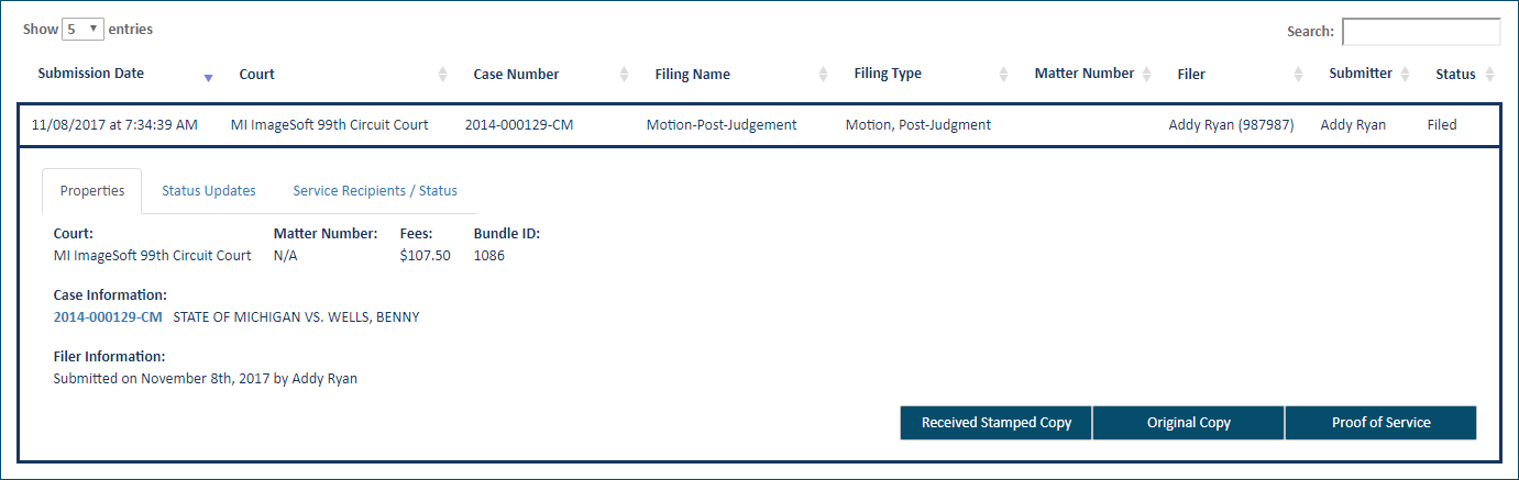 History page - filing selected