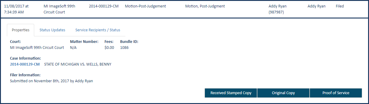 History page - Properties pane