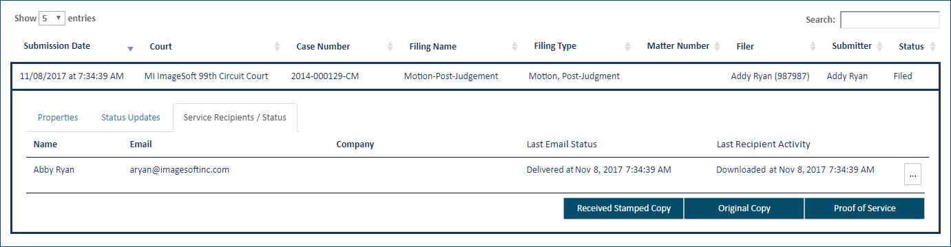 History page - Recipients pane