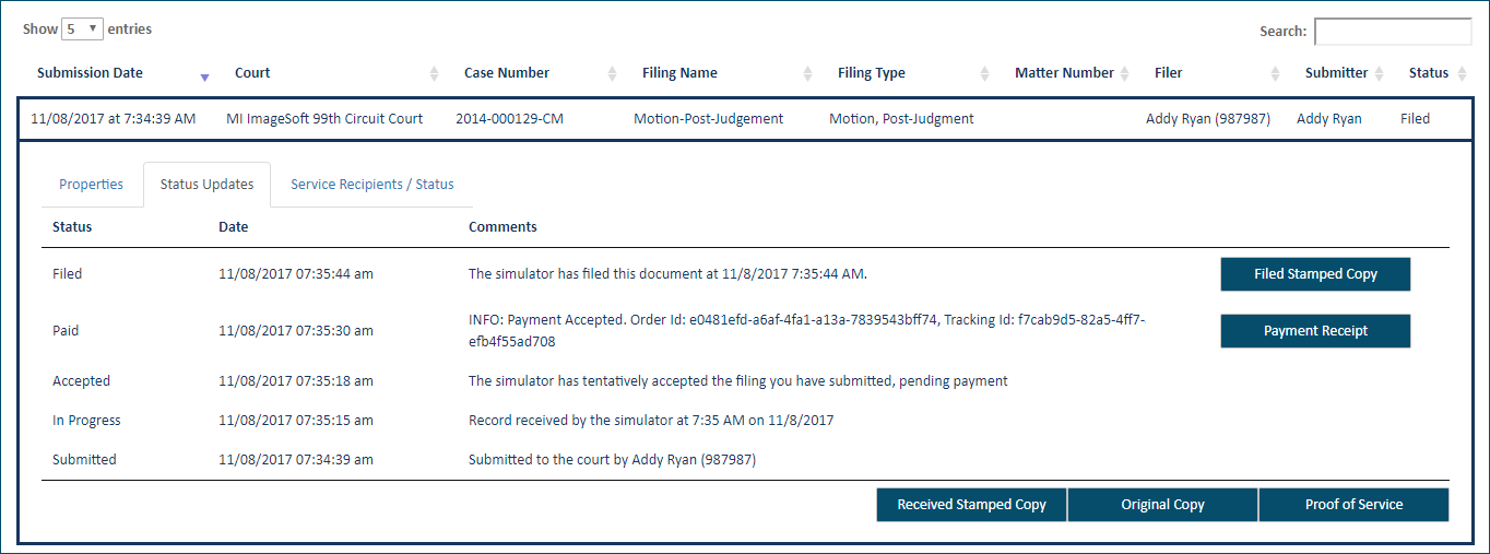 History page - Status pane