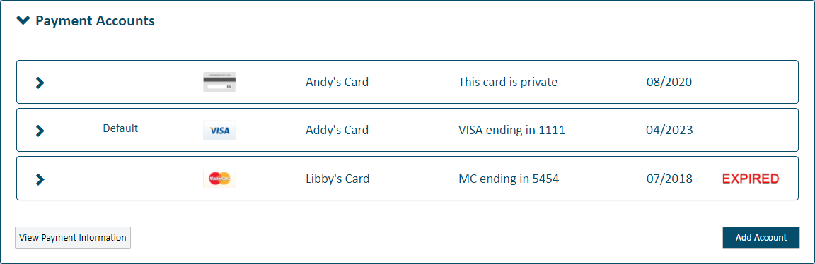 Payment Accounts pane - expired card identified