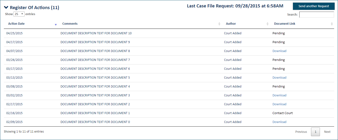Register of Actions pane - list of documents sent