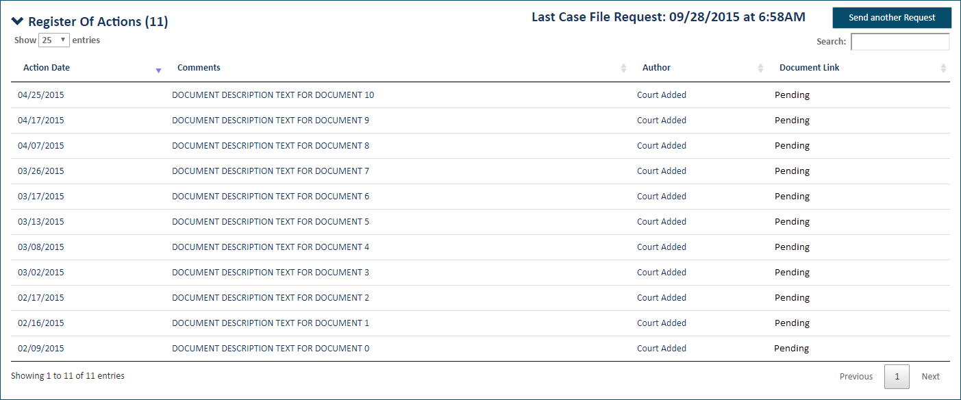 Register of Actions - list of documents sent