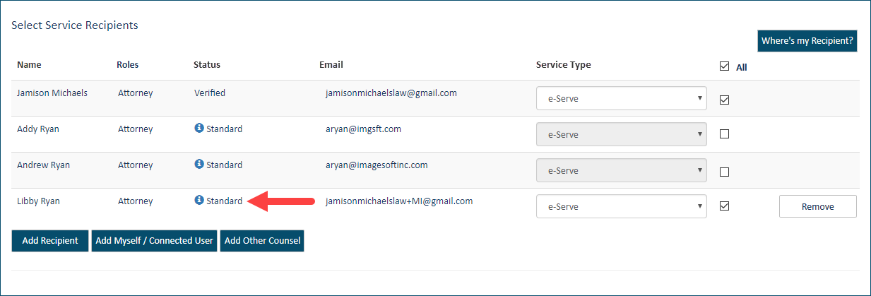 Connection added as a receipient and a standard contact
