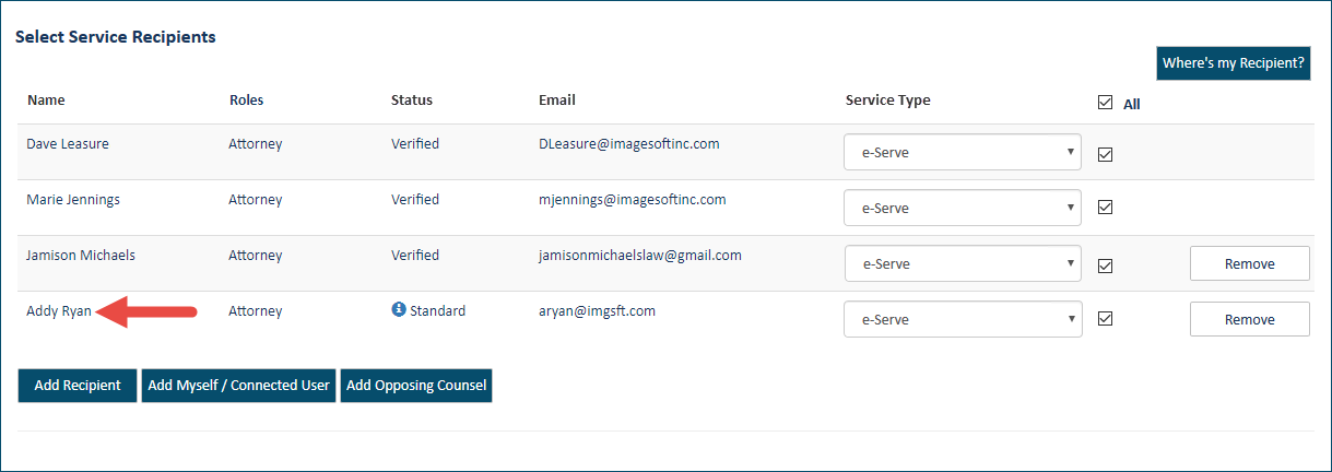 Filer added as Standard case contact