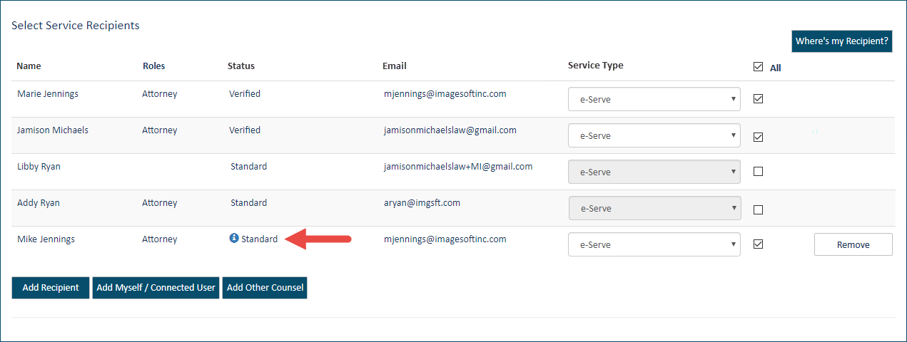 Other counsel added as a service recipient and a standard case contact